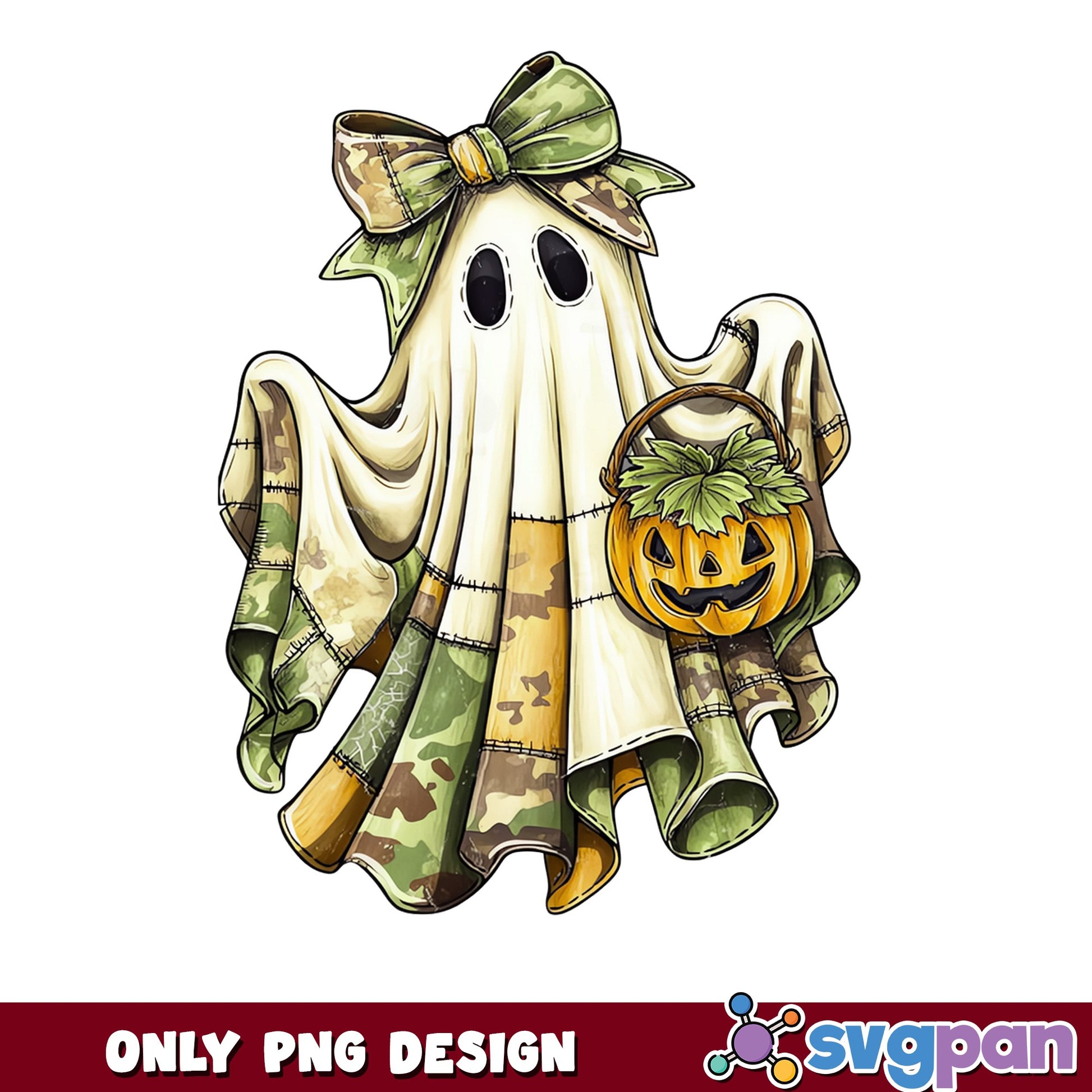 Camo Ghost With Bow Halloween PNG, Spooky Ghost PNG, Halloween PNG