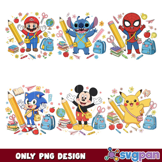 Cartoon characters school stuff png bundle