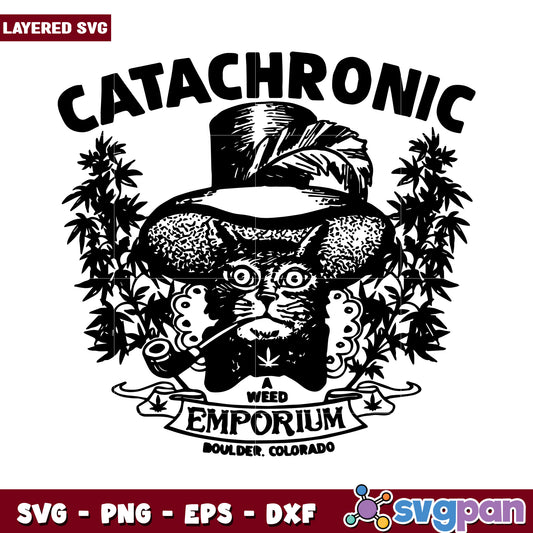 Catachronic weed emporium graphic for creative projects, stylish cat design with cannabis elements and vintage flair