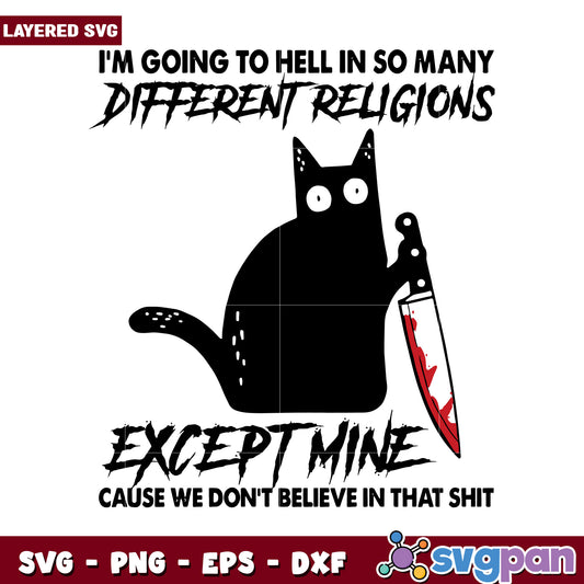 Cat with Knife SVG Design, Humorous Quote about Religion