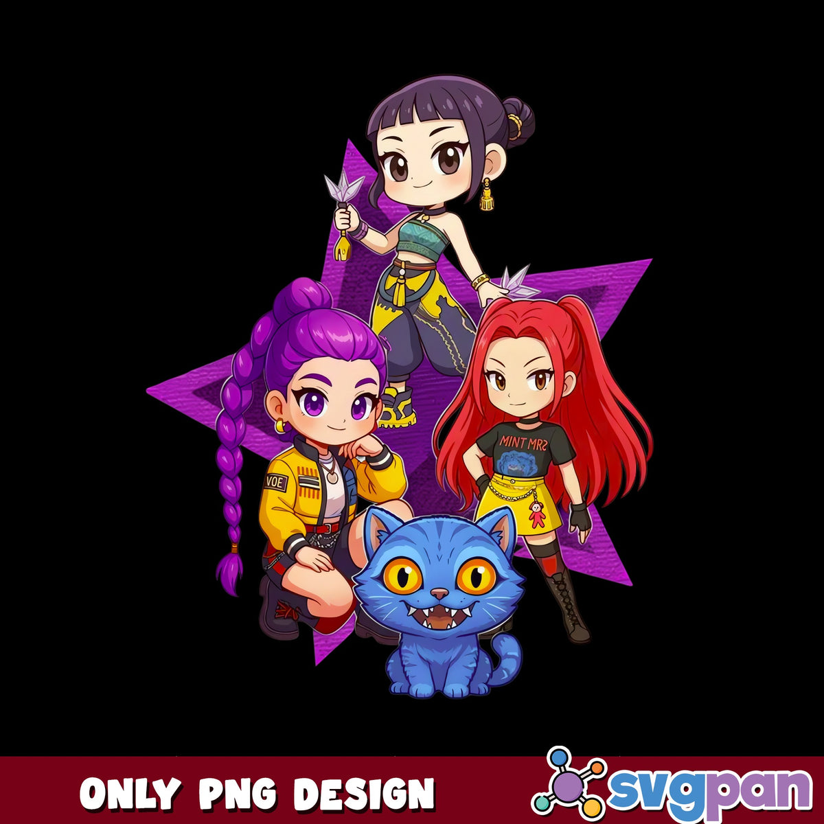 Chibi Kpop Girls PNG, Girl Group Anime Style PNG, Purple Star Cat PNG