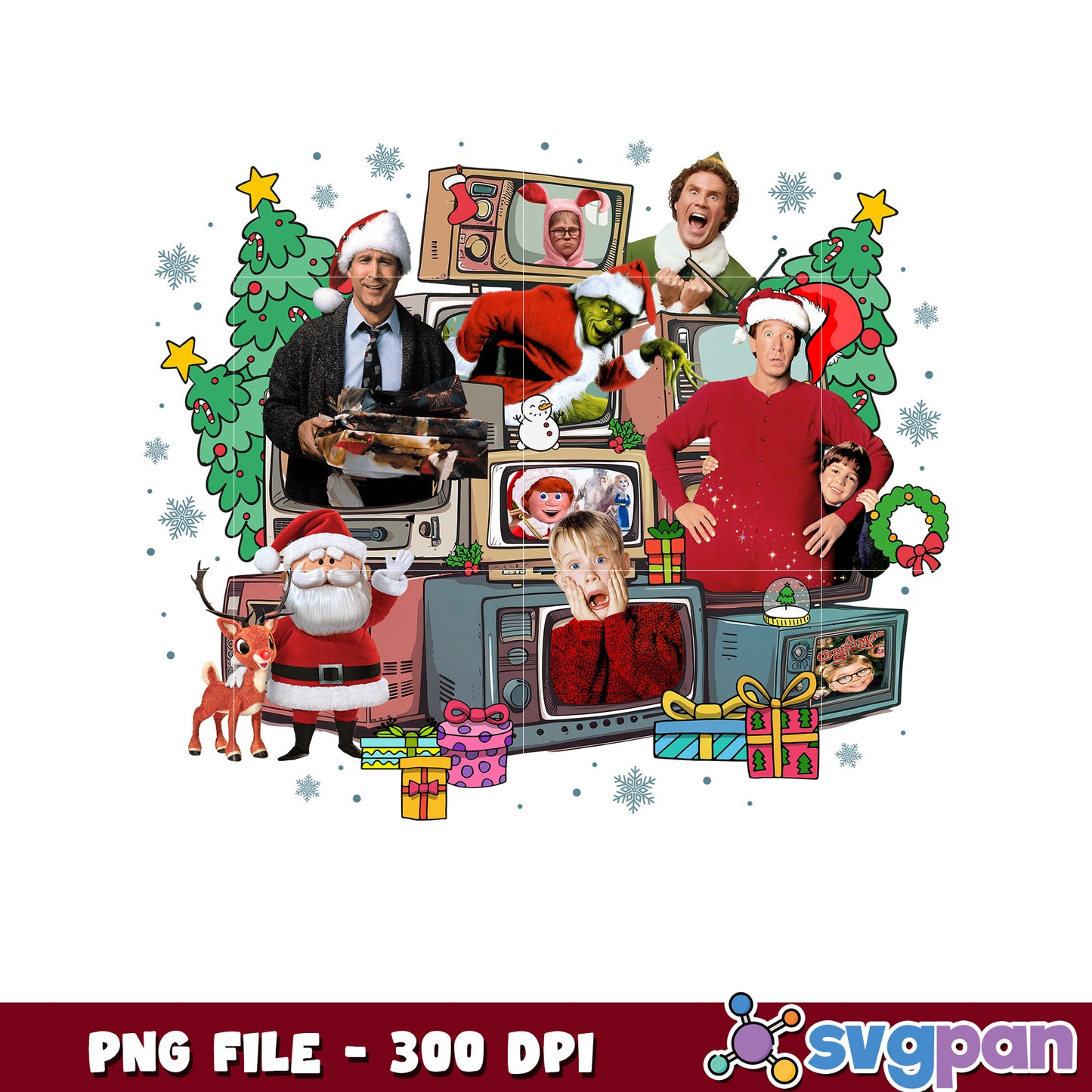 Christmas movies characters png, christmas cartoons png, christmas tree png