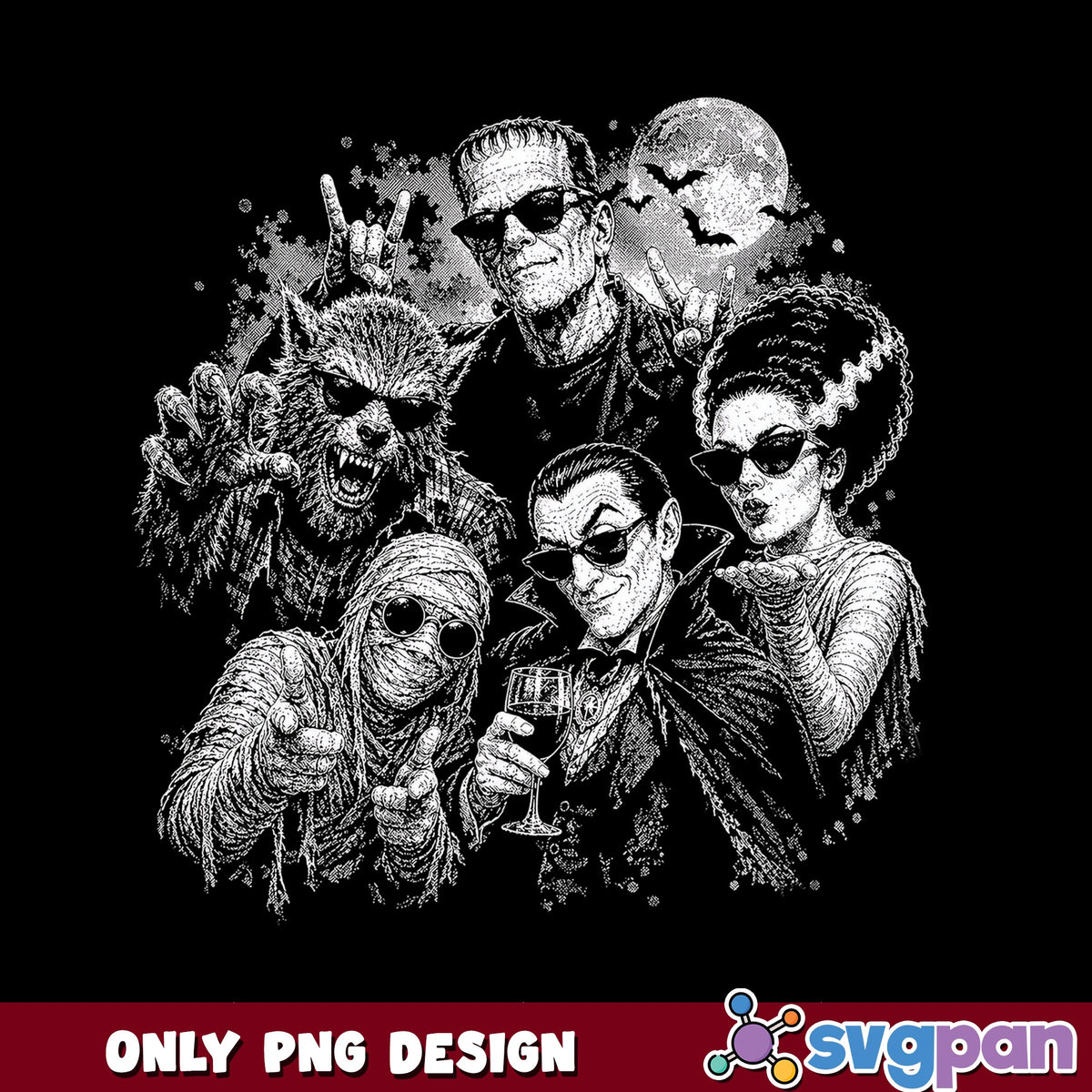 Classic Monsters Halloween Squad PNG, Horror Characters PNG, Frankenstein PNG