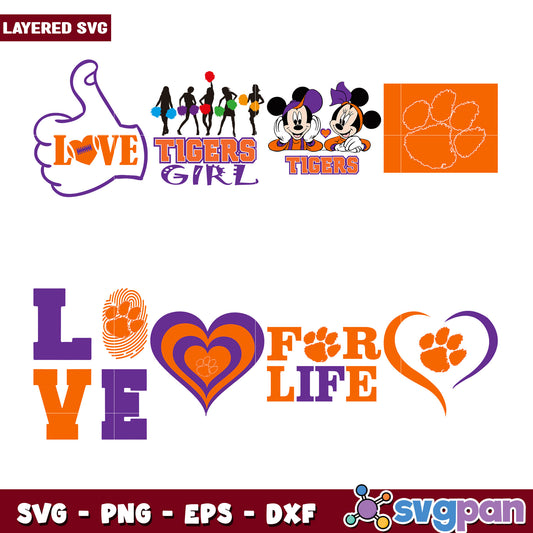 Clemson Tigers SVG Bundle Love, Mickey, Cheerleaders