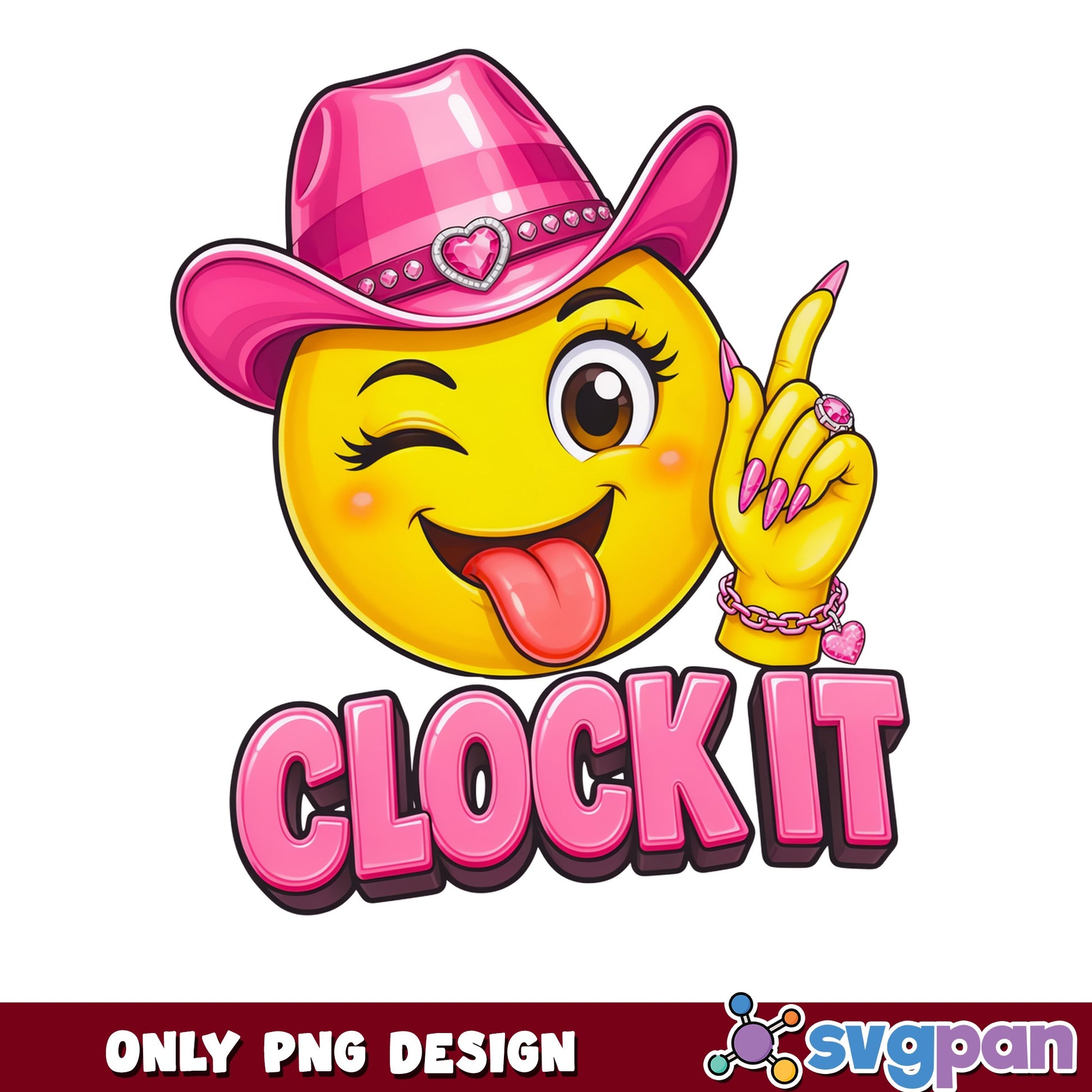 Clock It Cowgirl Emoji PNG, Funny Smiley Face PNG, Pink Cowboy Hat PNG