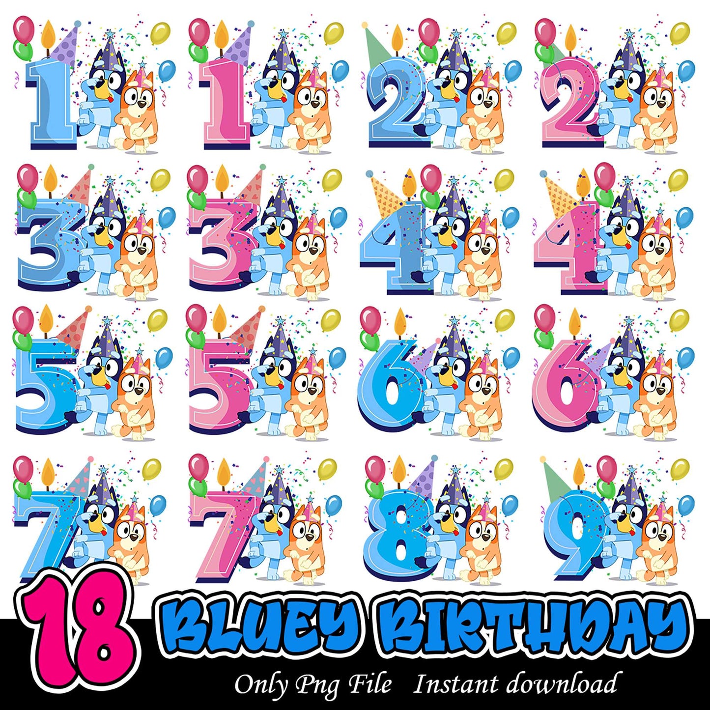 Colorful Bluey Birthday Numbers Bundle PNG Downloadable Files