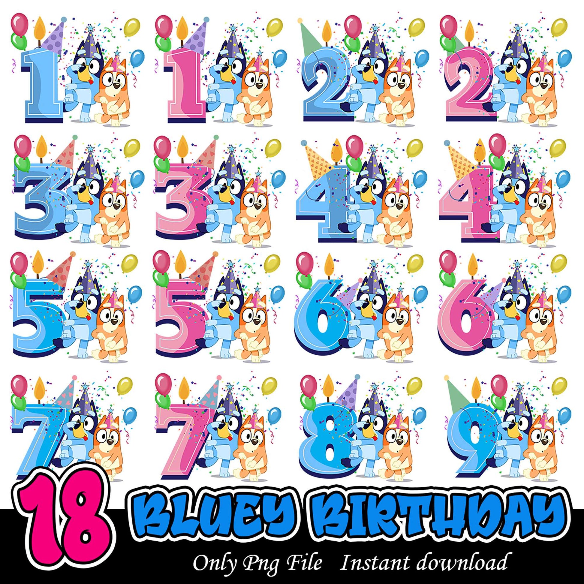 Colorful Bluey Birthday Numbers Bundle PNG Downloadable Files