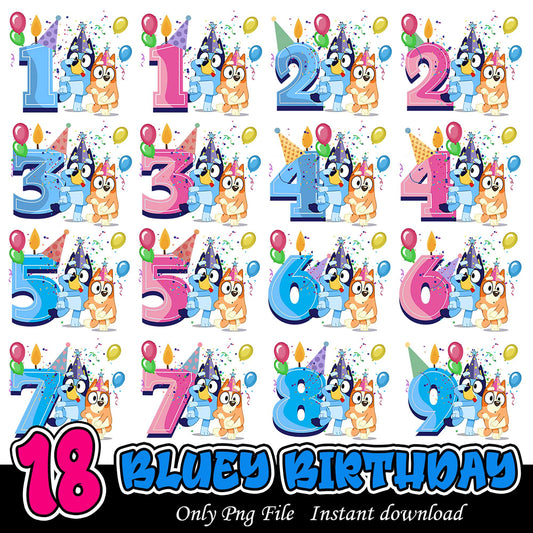 Colorful Bluey Birthday Numbers Bundle PNG Downloadable Files