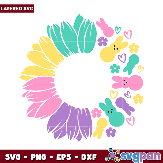 Colorful Easter Wreath SVG with Bunnies and Flowers, Perfect for Crafts