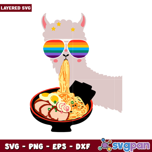 Colorful Llama Eating Ramen Noodles SVG Design, Perfect for Crafts