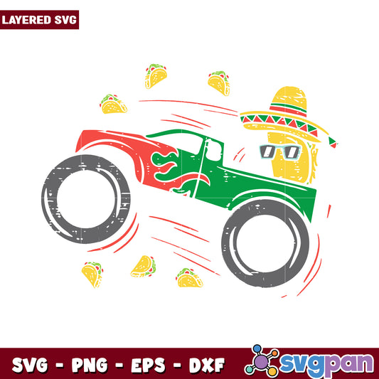 Colorful Monster Truck with Sombrero and Tacos SVG Design, Perfect for Fun Projects