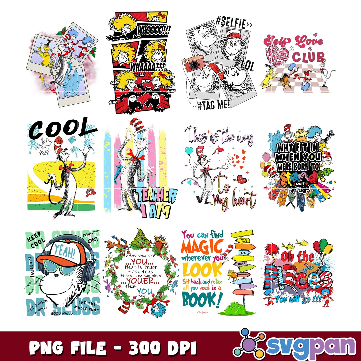 Colorful Quote Bundle Cats in Hats PNG 300 DPI