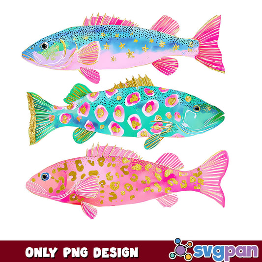 Colorful Watercolor Fish Bundle, Preppy Fish PNG, Fishing PNG