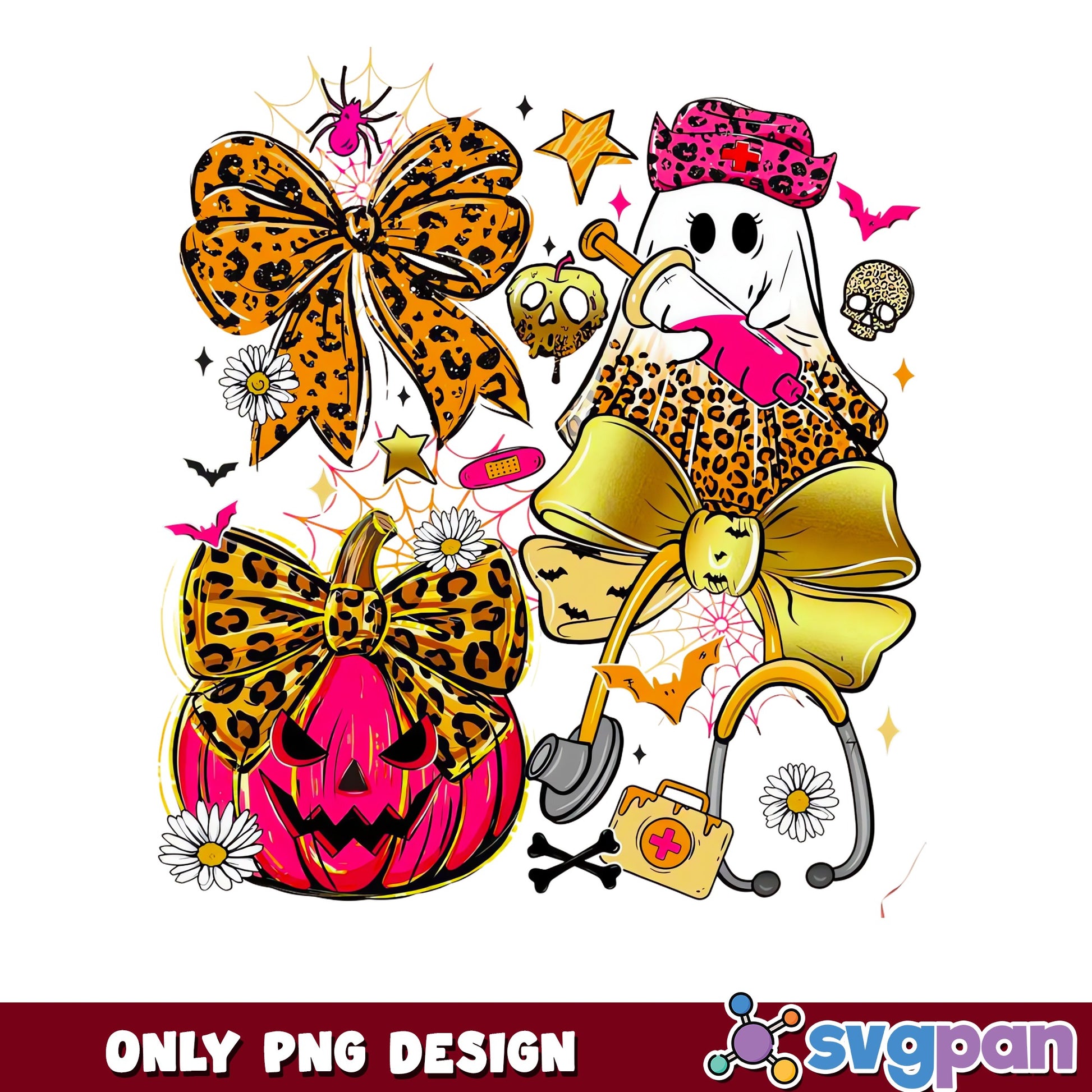 Coquette Ghost Nurse Halloween PNG, Leopard Bow Pumpkin PNG, Spooky Nurse PNG