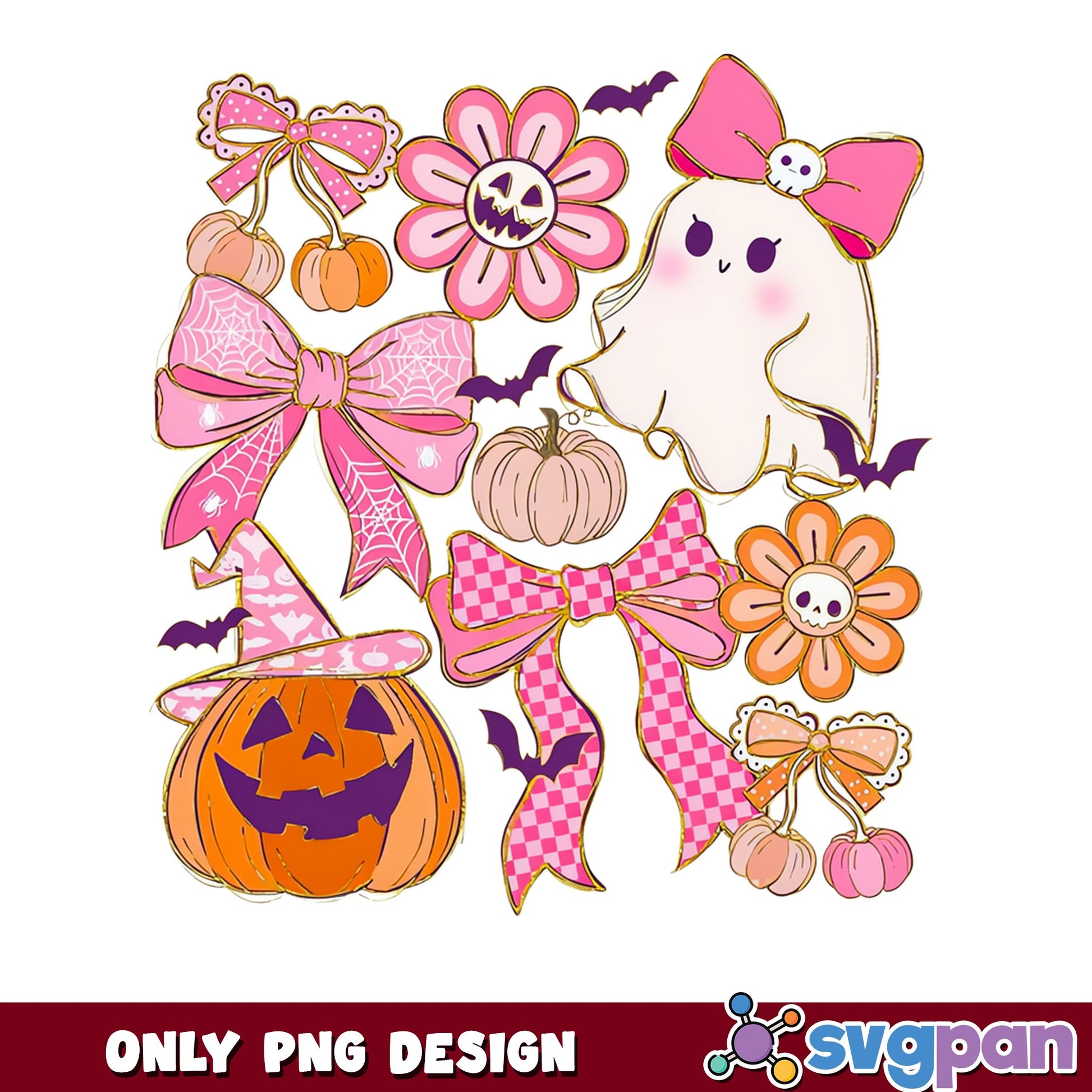 Coquette Halloween PNG, Cute Ghost Pumpkin PNG, Pink Bow Halloween PNG