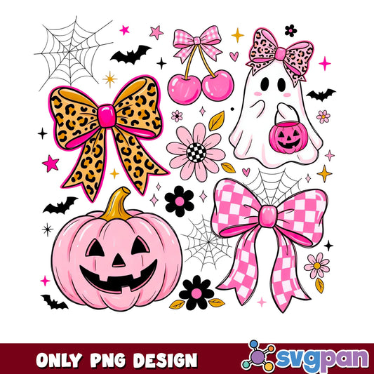 Coquette Halloween PNG, Pink Ghost Pumpkin Bow, Halloween PNG