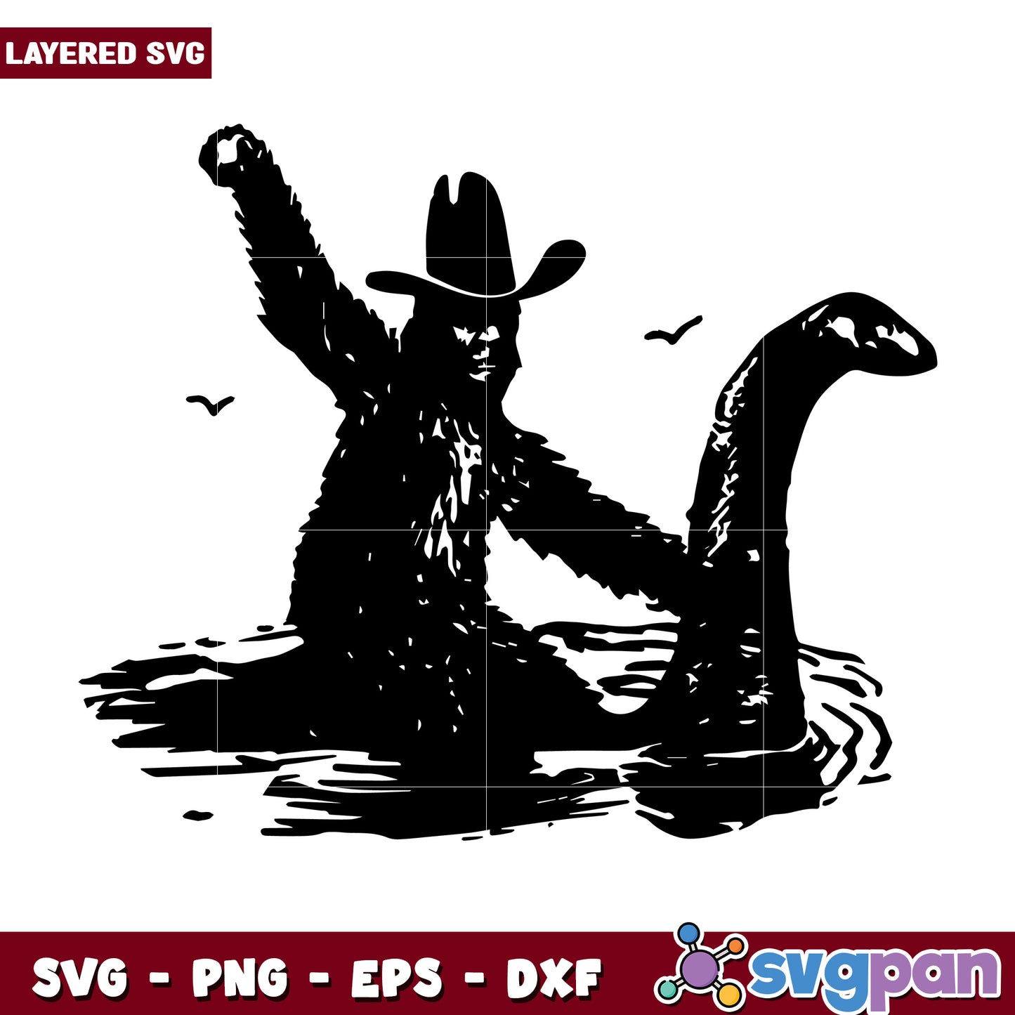 Cowboy Bigfoot riding Nessie svg, funny cryptid svg, funny design svg