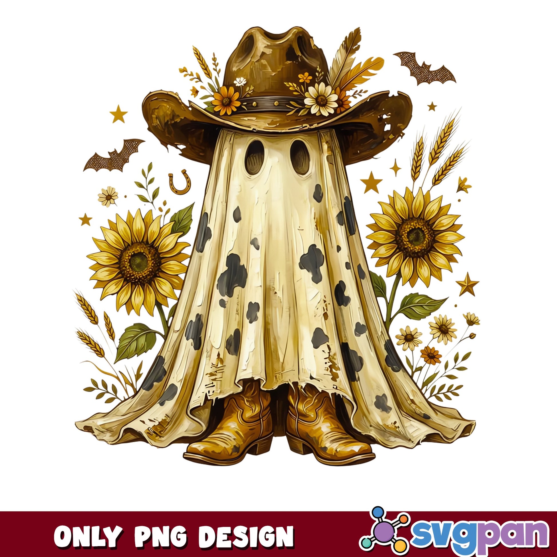 Cowboy Ghost Halloween PNG, Western Ghost Sunflower PNG, Boho Ghost PNG