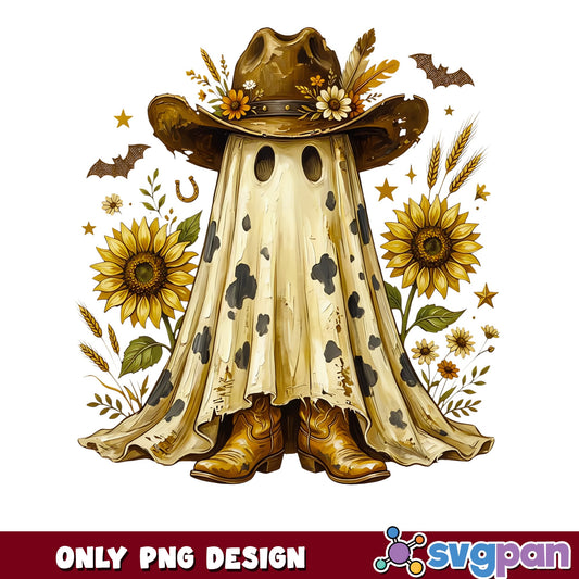 Cowboy Ghost Halloween PNG, Western Ghost Sunflower PNG, Boho Ghost PNG