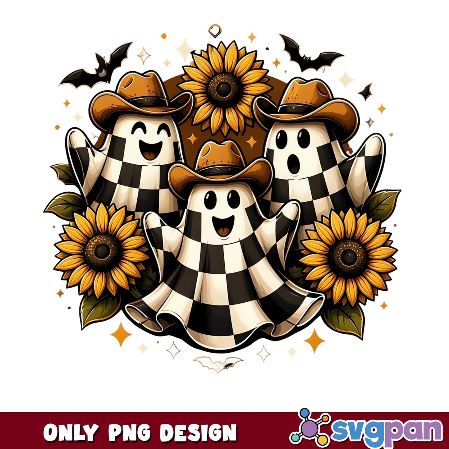 Cowboy Ghost Sunflower Halloween PNG, Checkered Ghost PNG, Spooky Western PNG