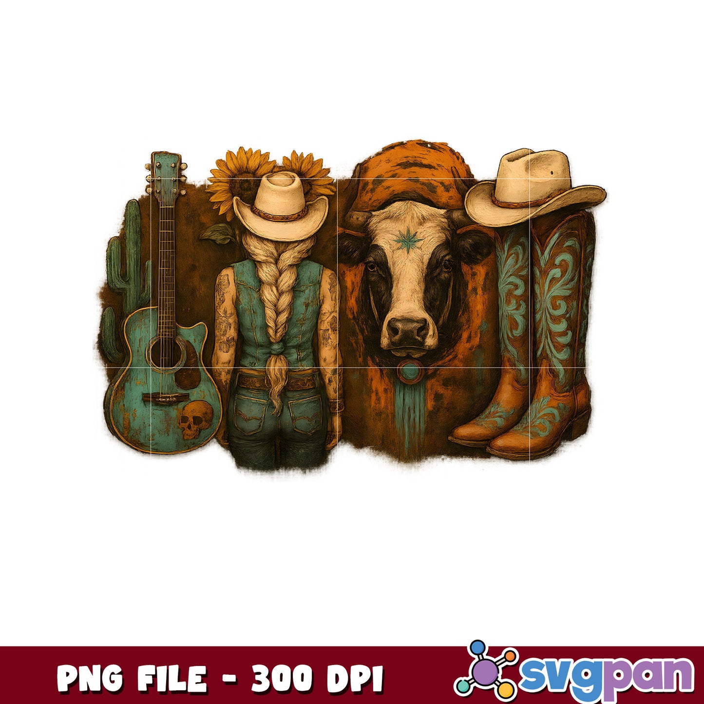 Cowgirl Sunflower Cow Guitar PNG 300 DPI