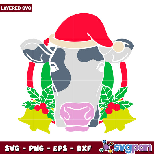 Cow in Santa Hat SVG design, festive holiday theme for craft use