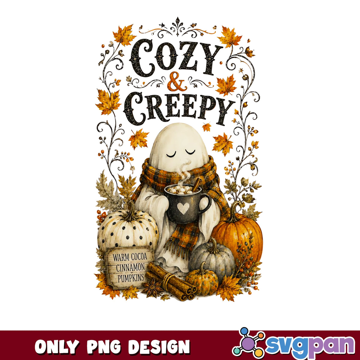 Cozy And Creepy Ghost Halloween PNG, Fall Pumpkin PNG, Autumn PNG