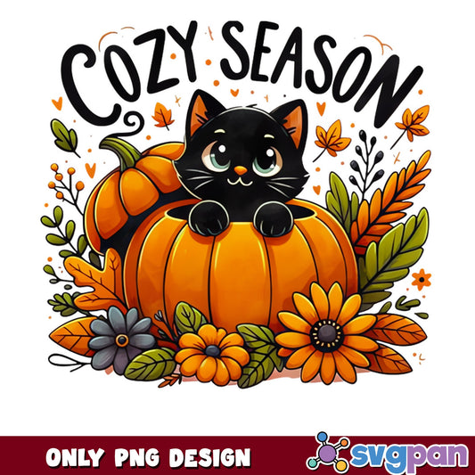 Cozy Season Black Cat Pumpkin PNG, Fall Halloween PNG, Autumn PNG