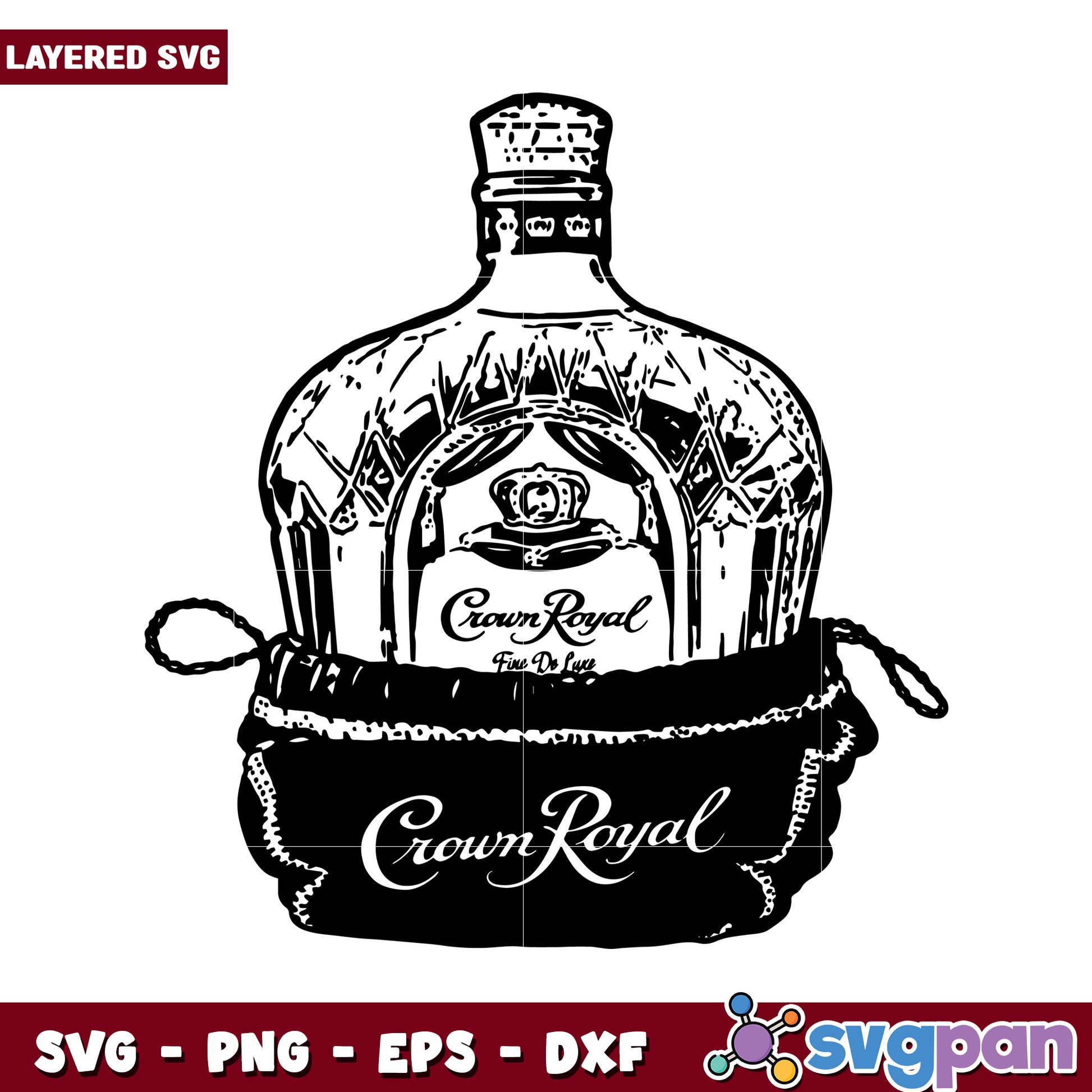 Crown Royal whiskey bottle SVG design for crafting projects, layered artwork ideal for printing and cutting