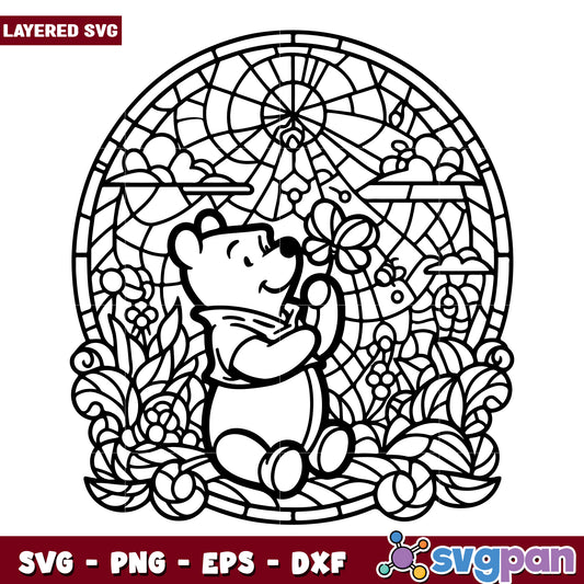 Cute Bear Floral Stained Glass SVG Coloring Page Design