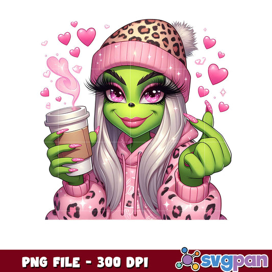 Cute Green Character Holding Coffee, Stylish Pink Hoodie Design