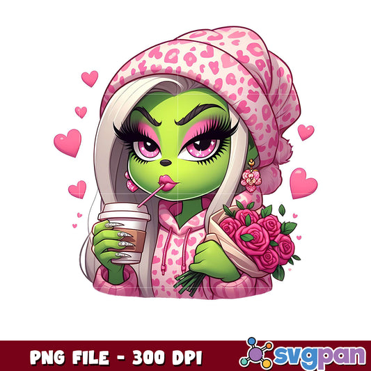 Cute Green Character with Drink and Flowers, PNG Download 
