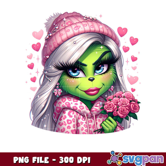 Cute Green Character with Flowers, Ideal for PNG Art Use