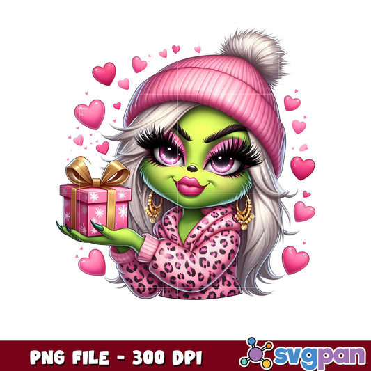 Cute Green Character with Gift, Fun PNG for Crafts Use