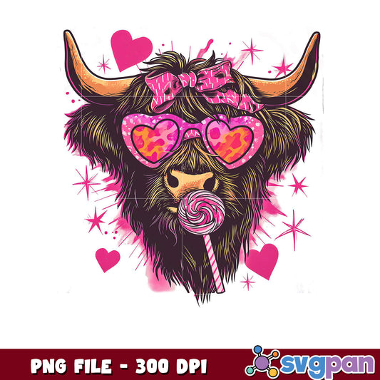 Cute Highland Cow with Heart Sunglasses, Fun and Colorful Design