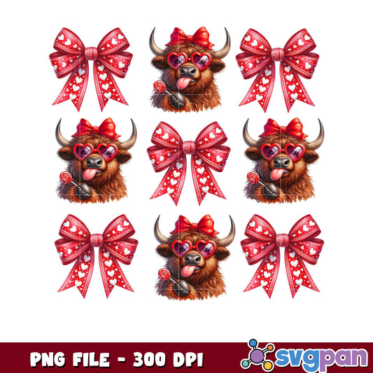Cute Highland Cow with Hearts Bow PNG, Perfect for Crafts