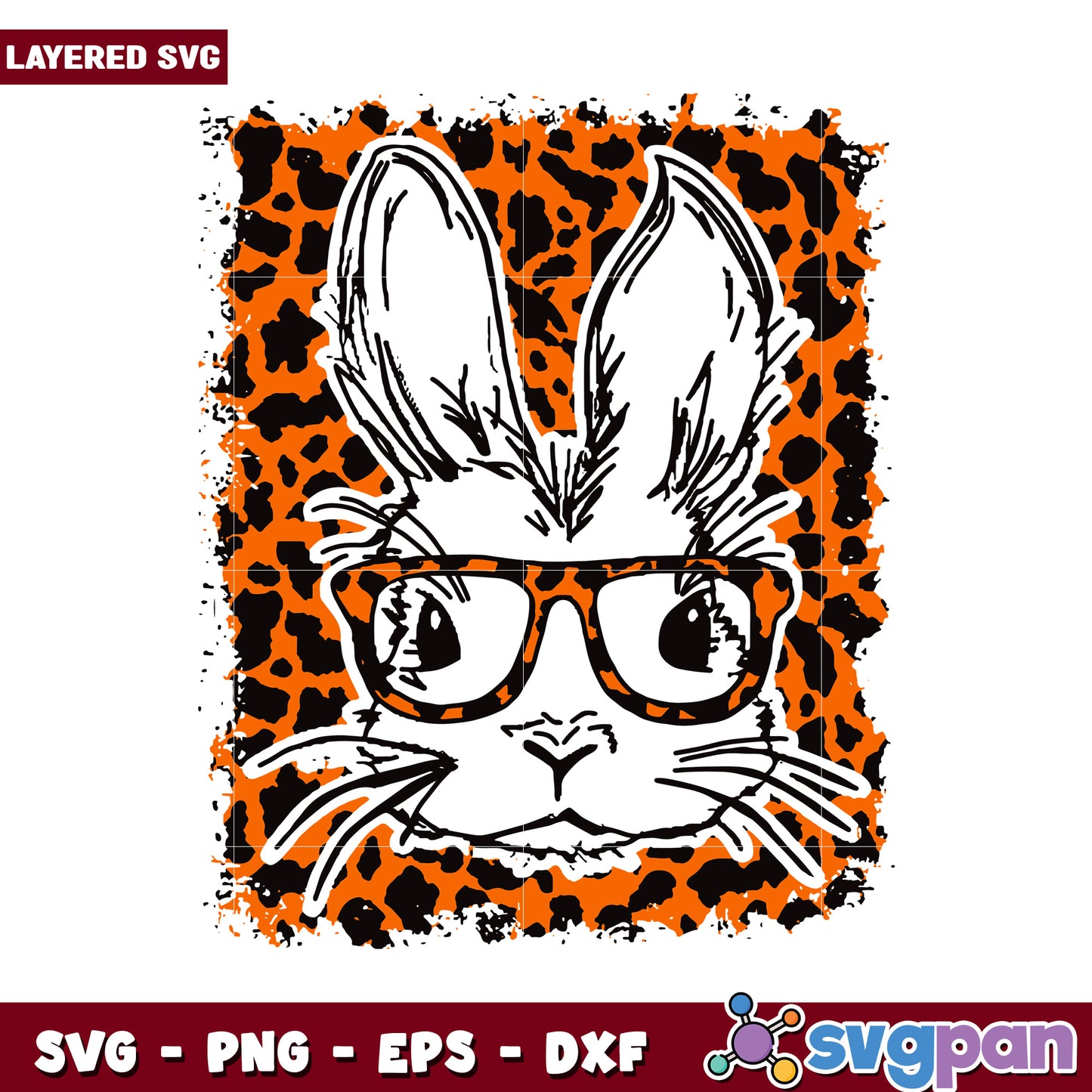 Cute Rabbit in Glasses with Leopard Print Background, Layered SVG Design