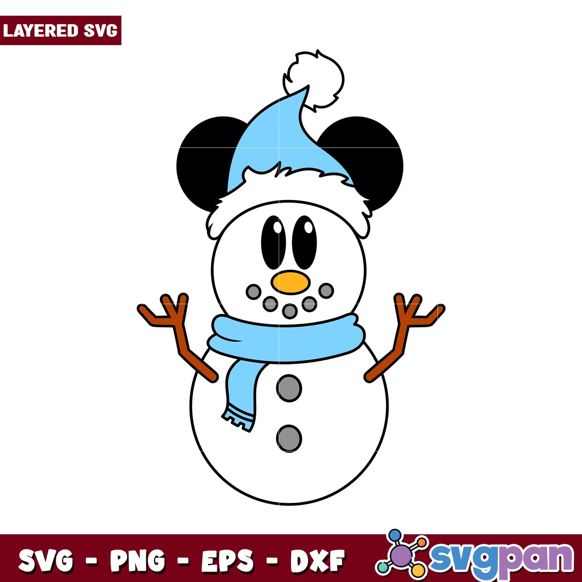 Cute Snowman with Mickey Ears for Fun Winter Crafts, Layered SVG Design