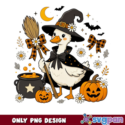 Cute Duck Halloween Witch PNG, Pumpkin Cauldron Fall PNG, Duck PNG