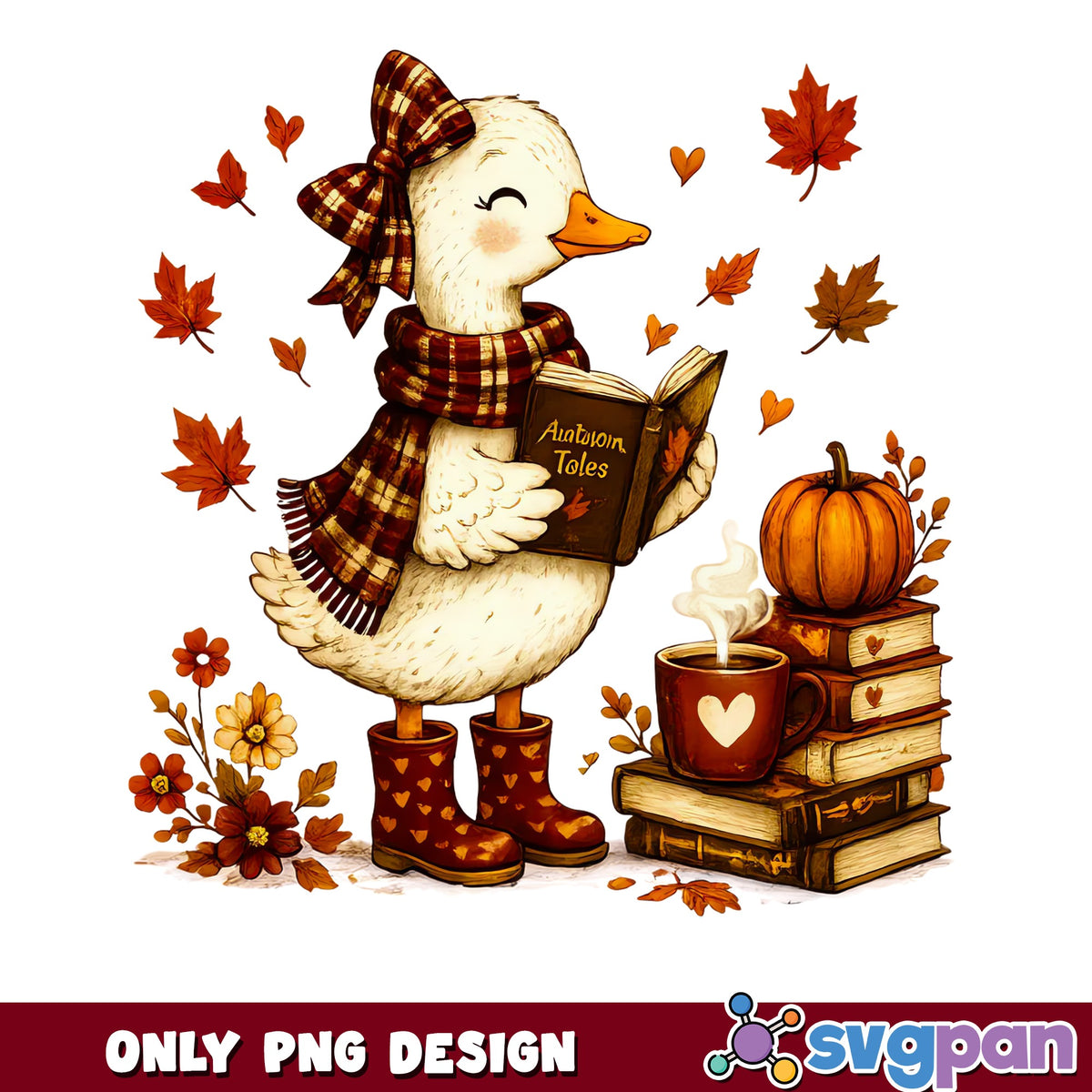 Cute Duck Reading Book Fall PNG, Autumn Duck PNG, Thanksgiving PNG