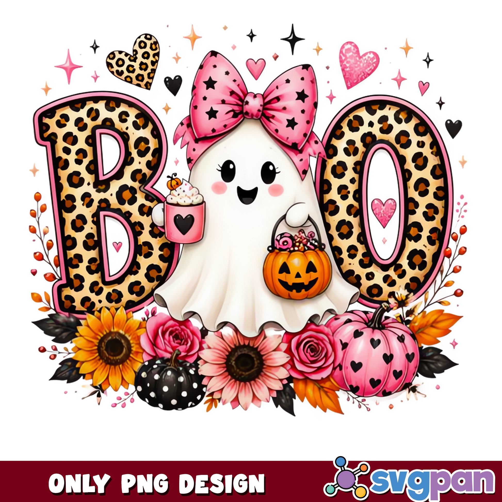 Cute Ghost Boo Leopard PNG, Halloween Ghost Pink Bow PNG, Spooky Season PNG