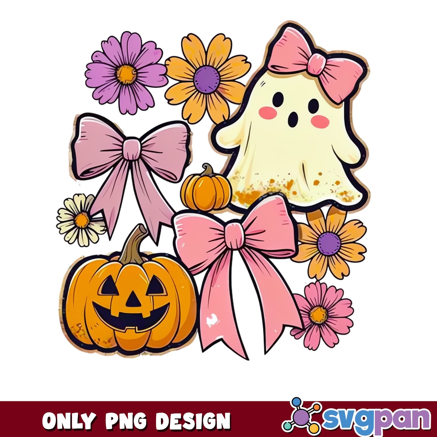 Cute Ghost Halloween PNG, Coquette Bow Pumpkin PNG, Halloween PNG