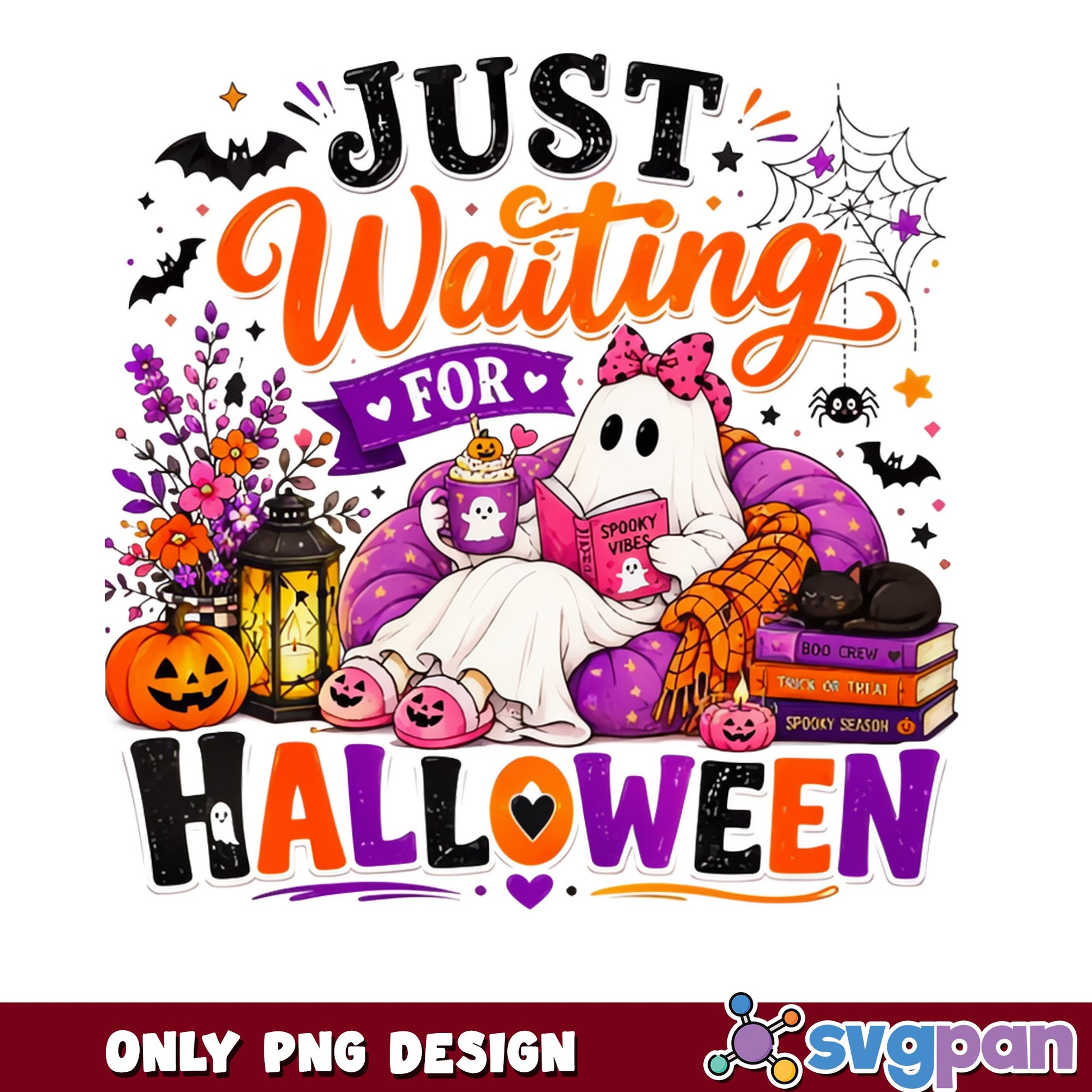 Cute Ghost Halloween PNG, Spooky Vibes Reading Book, Just Waiting PNG