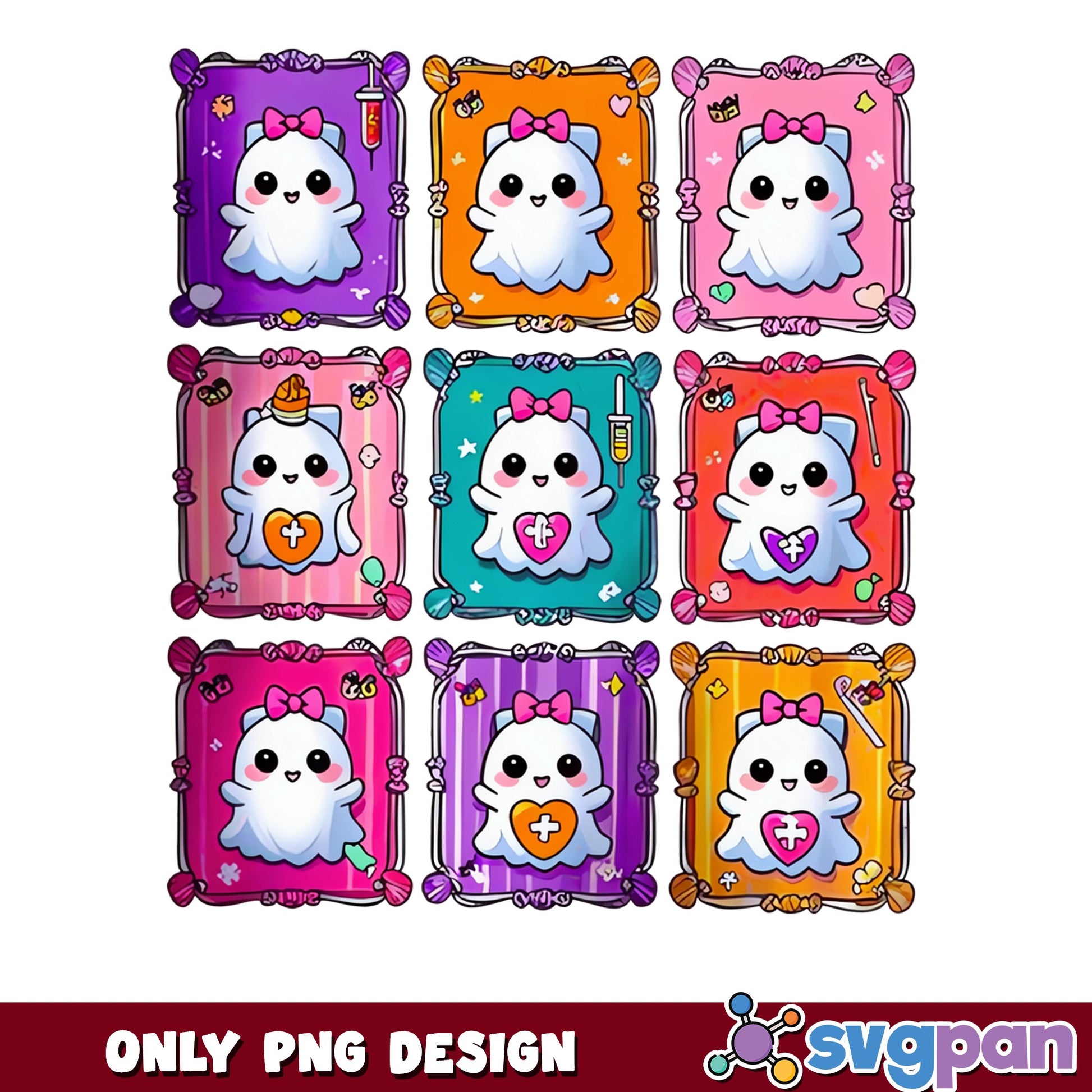 Cute Ghost Nurse Halloween PNG Bundle, Kawaii Ghost PNG, Halloween PNG
