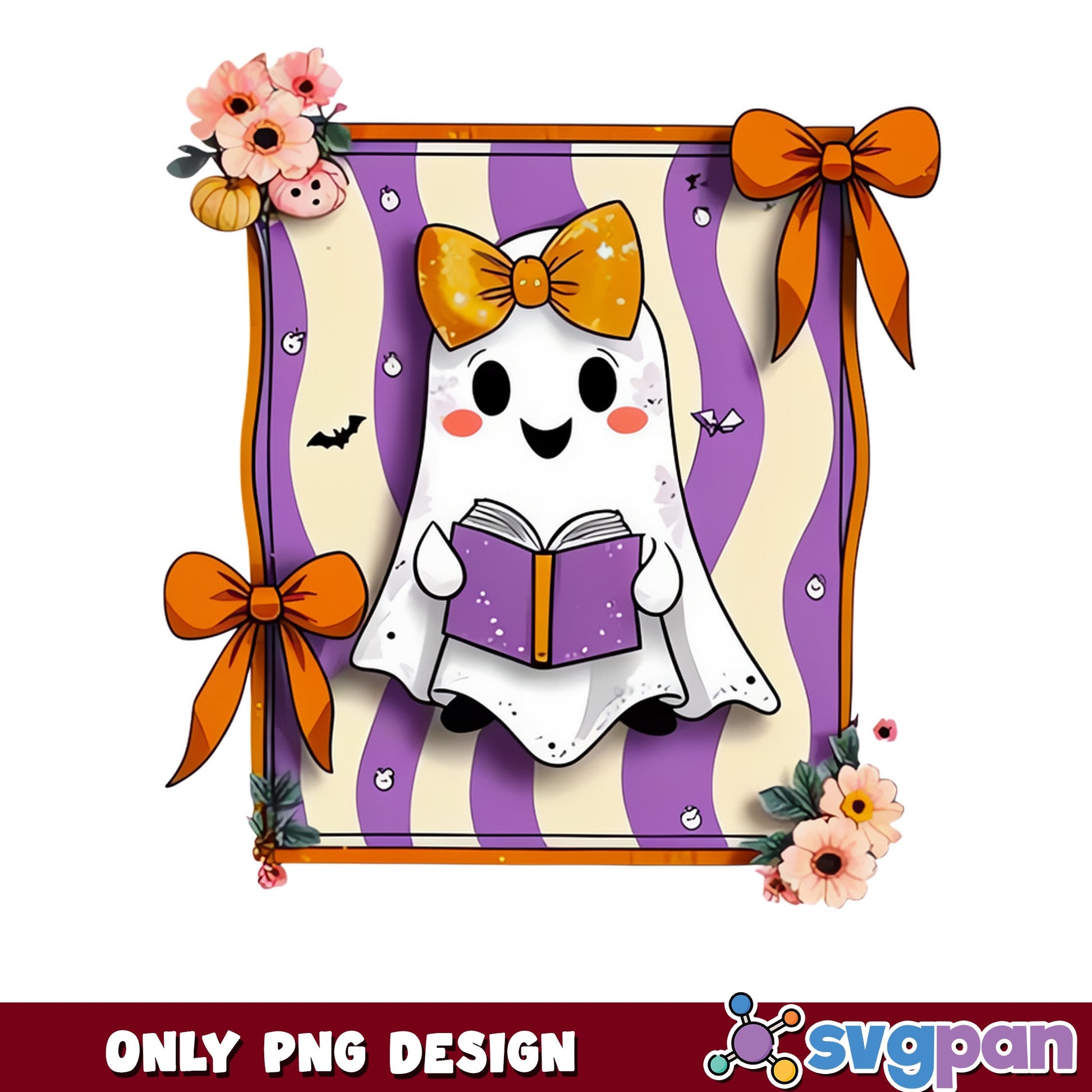 Cute Ghost Reading Book Halloween PNG, Spooky Bow Ghost PNG, Halloween PNG