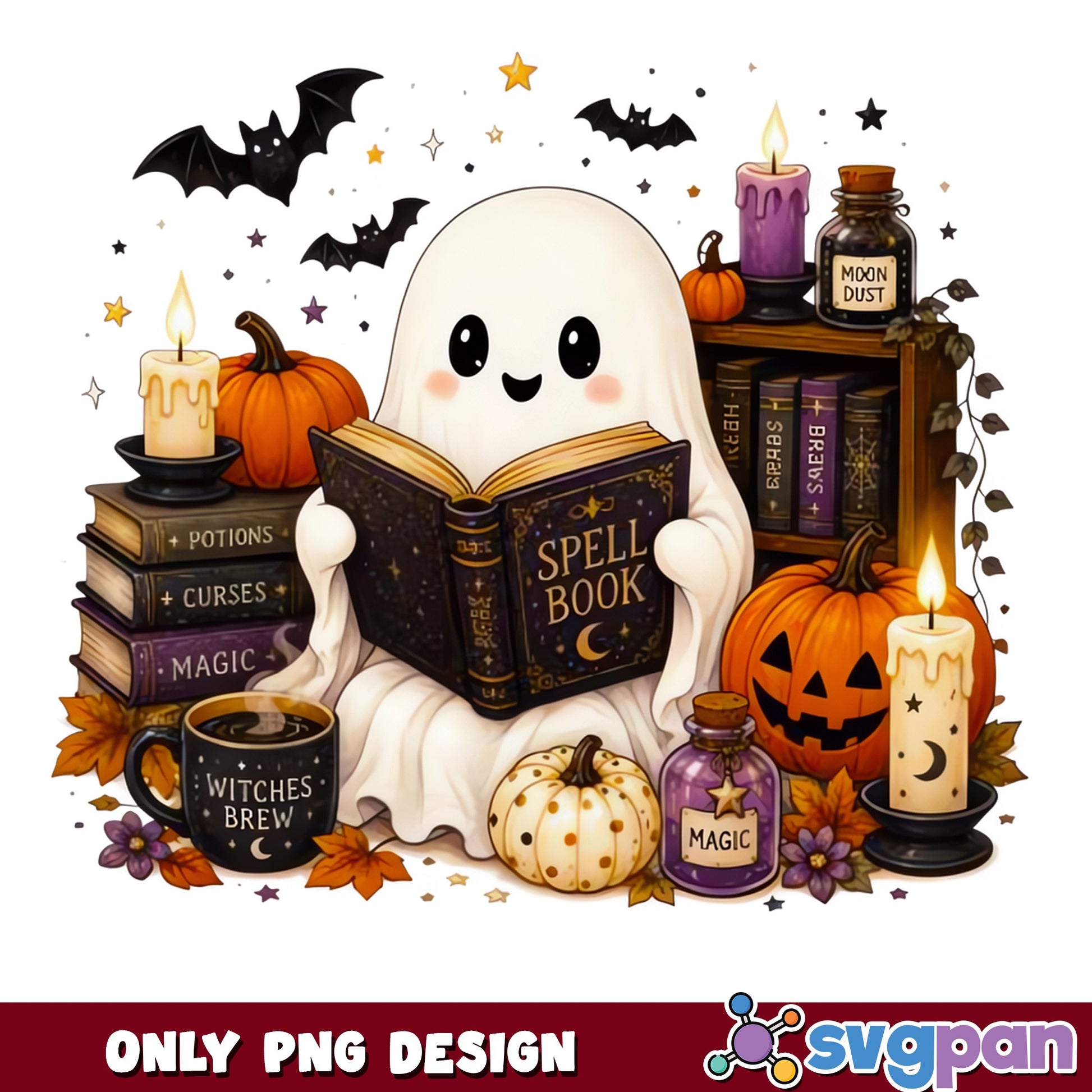 Cute Ghost Reading Spell Book Halloween PNG, Witch PNG, Halloween PNG