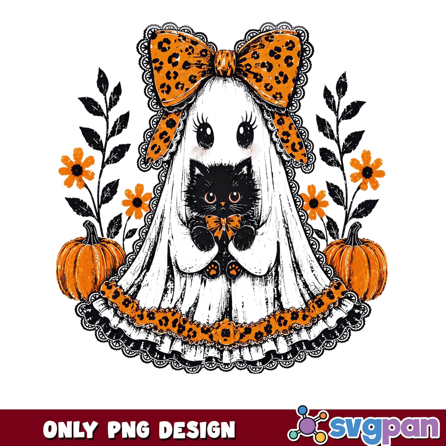 Cute Ghost With Black Cat Halloween PNG, Leopard Bow PNG