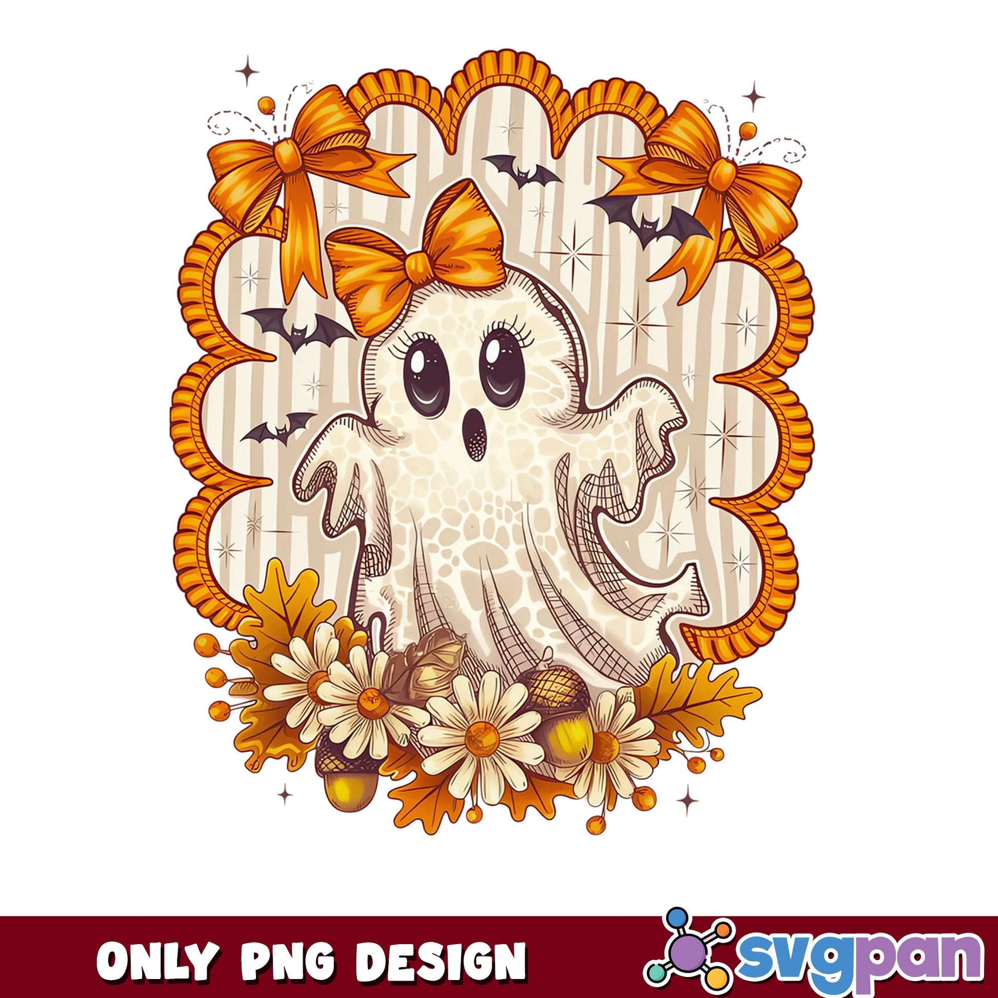 Cute Ghost With Bow Halloween PNG, Fall Ghost PNG, Spooky PNG