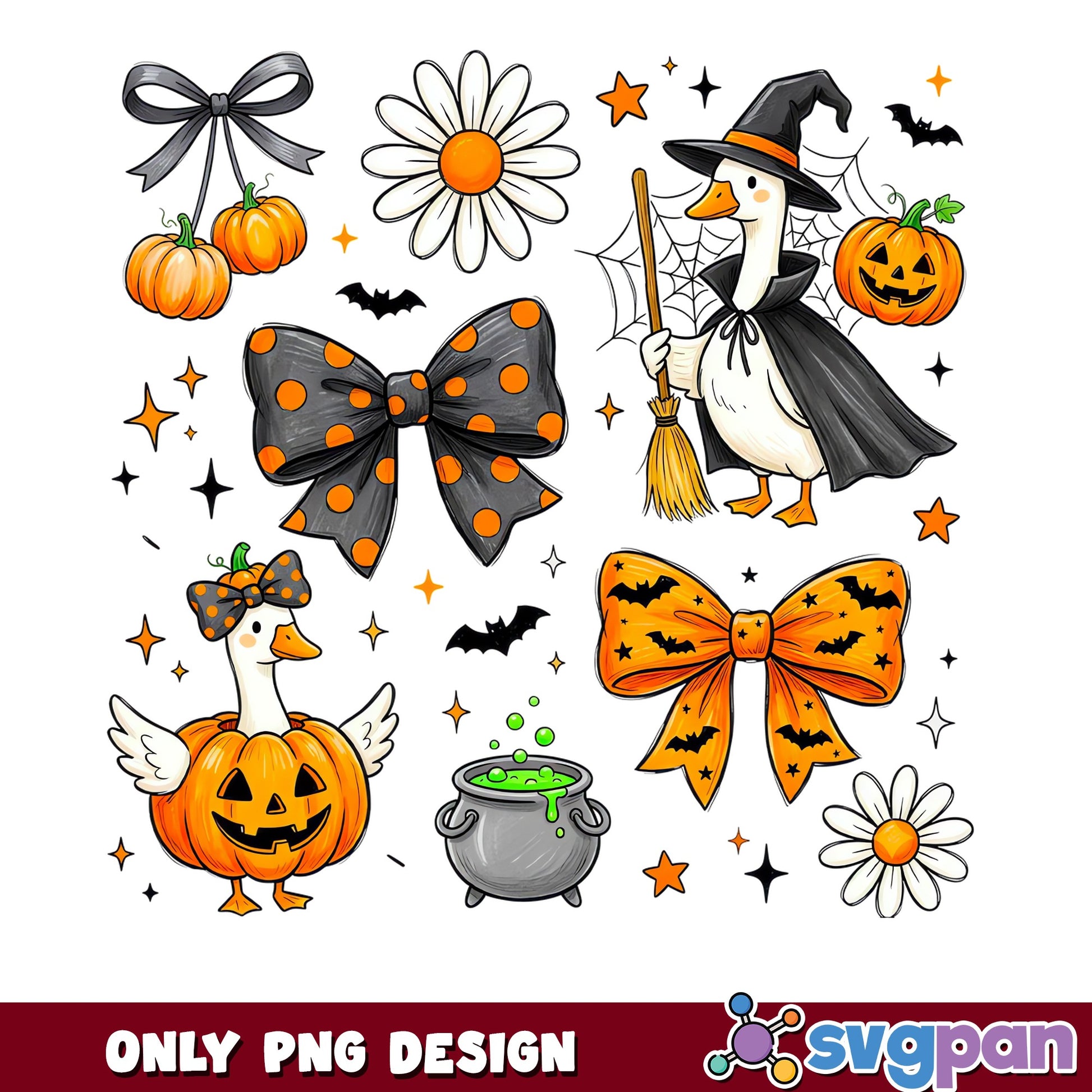 Cute Goose Halloween PNG, Duck Witch Pumpkin Bow PNG, Spooky PNG