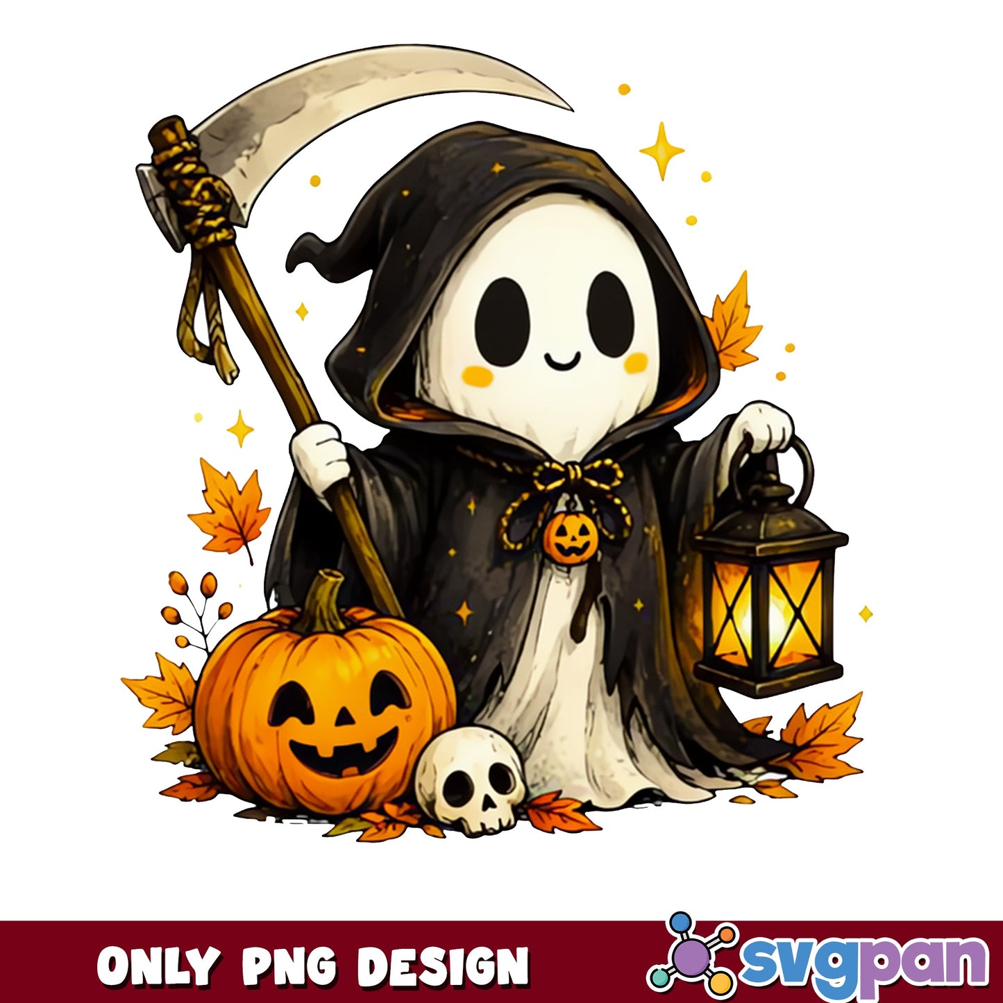 Cute Grim Reaper Halloween PNG, Ghost Pumpkin PNG, Spooky PNG